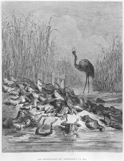 Žáby žádají o krále, ilustrace z „Bajky“ od Jean de La Fontaine (1621-95) od Gustave Dore